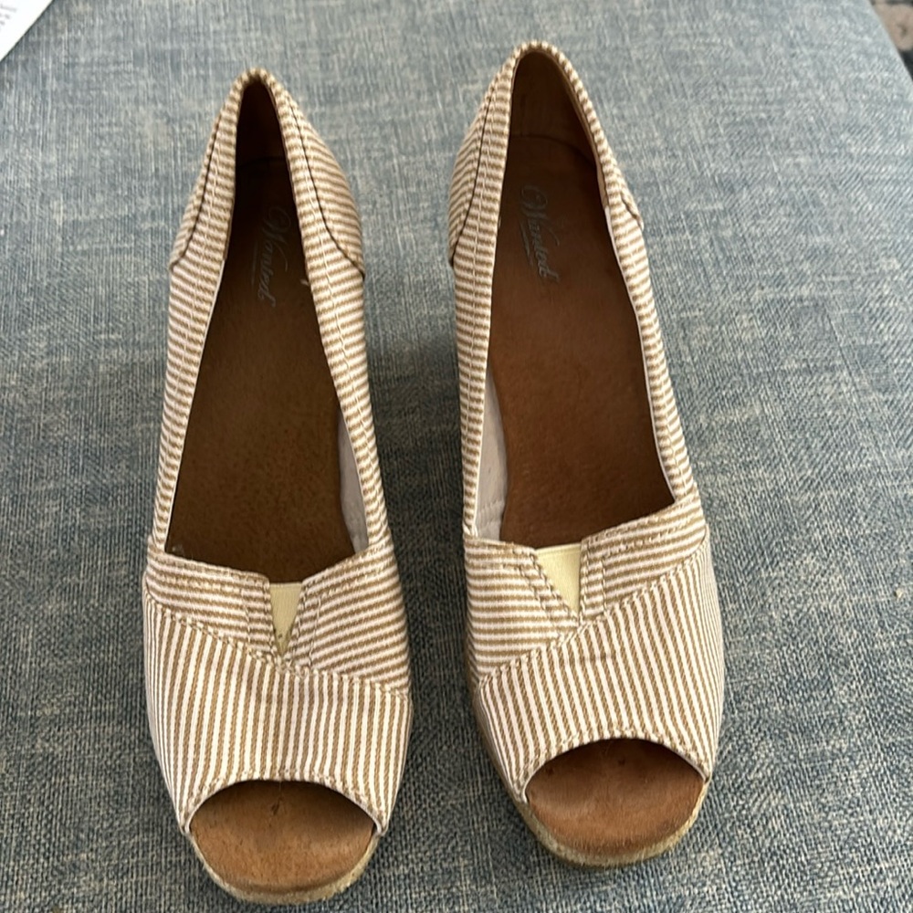 Wanted brand wedge espadrilles. Tan/white striped size 6-1/2